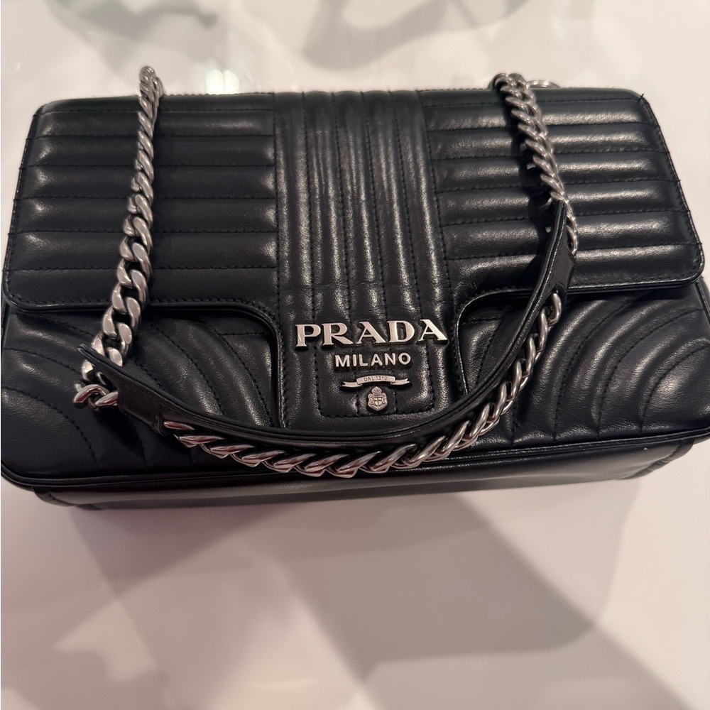 Prada Black Quilted Leather Shoulder Bag with Silver Chain